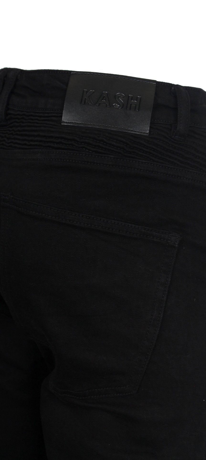 Close-up of the back pocket and leather patch on Kash black biker jeans