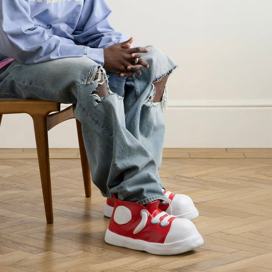 Bravest Studios Clay Shoe in red and white, on foot