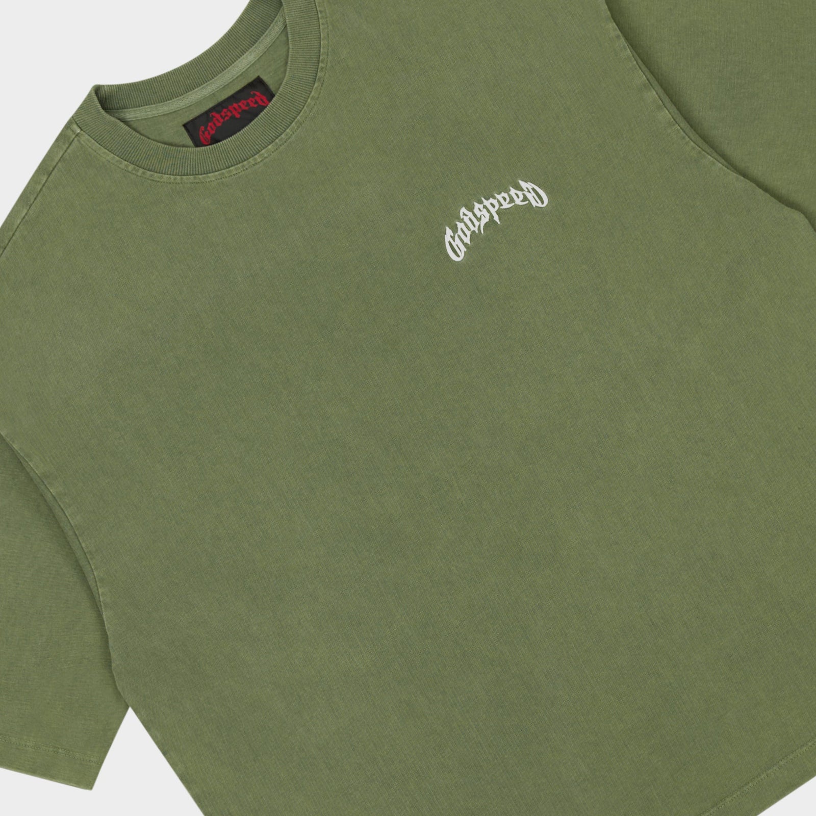 Godspeed VITAL Tee in Olive Washed, logo detail