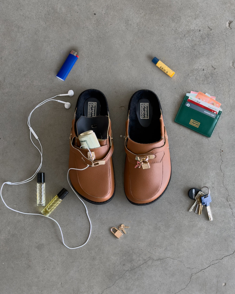 Bravest Studios Bag Clogs in light brown cognac, flat lay