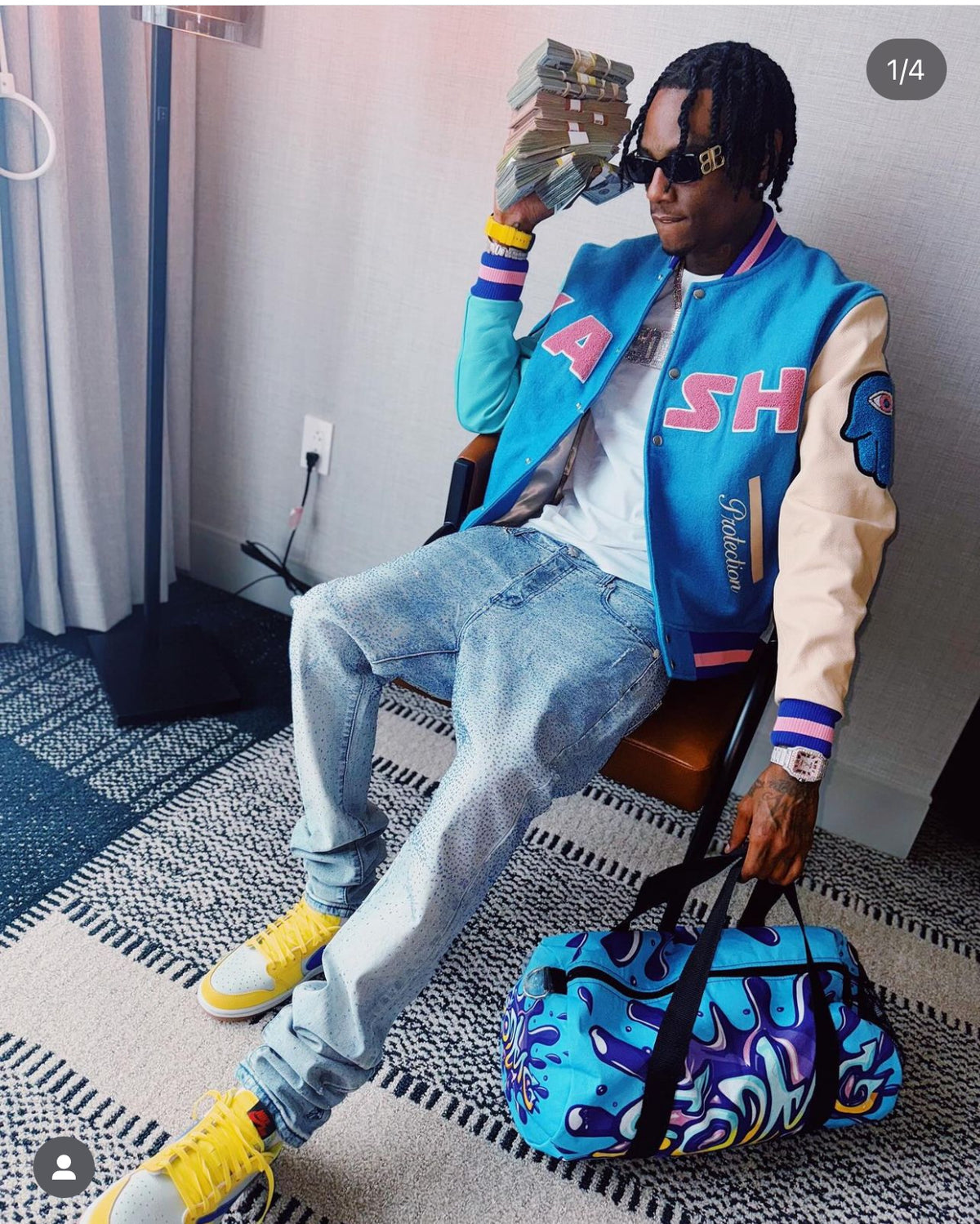 KASH CHENILLE PRINT VARSITY JACKET - BLUE W/PINK