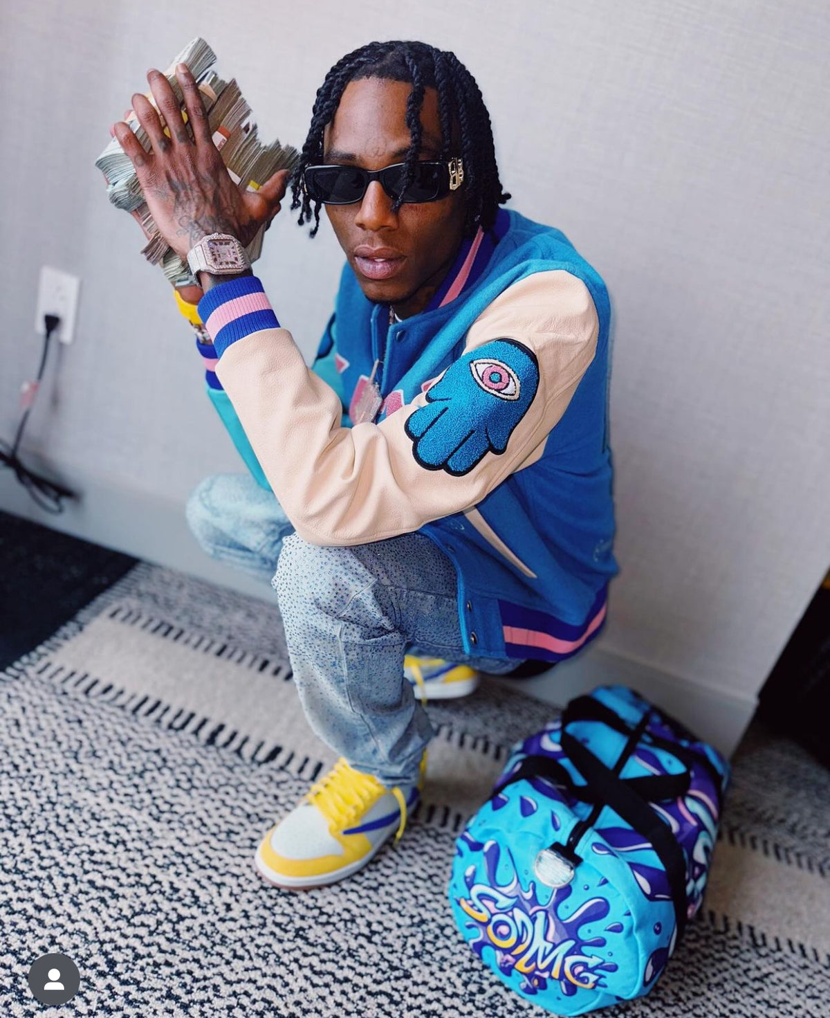 KASH CHENILLE PRINT VARSITY JACKET - BLUE W/PINK