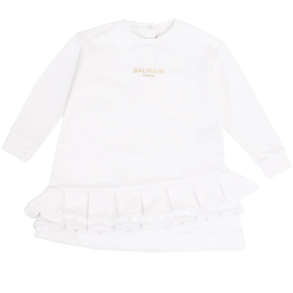 LS Logo Sweat Dress With Ruffle Hem - White