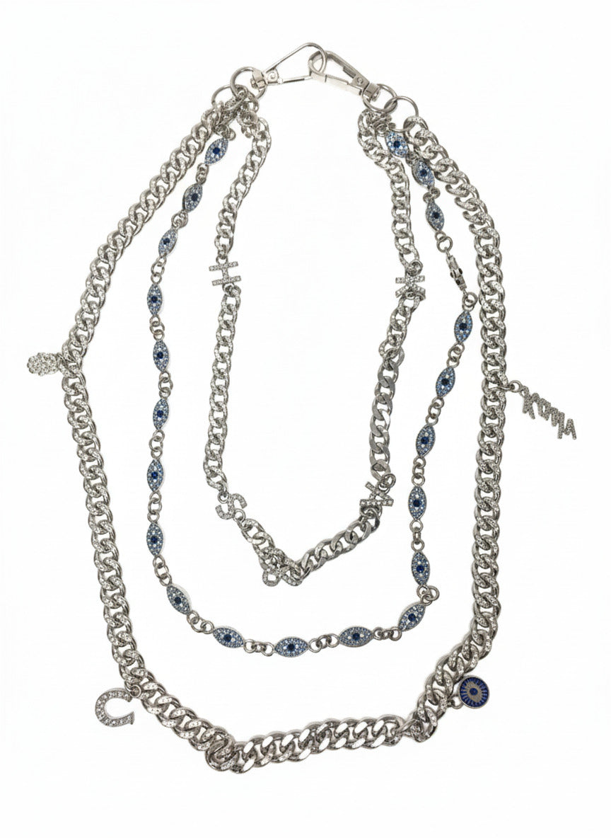 KASH Hamsa Evil Eye Wallet Chains 3Layers - Silver