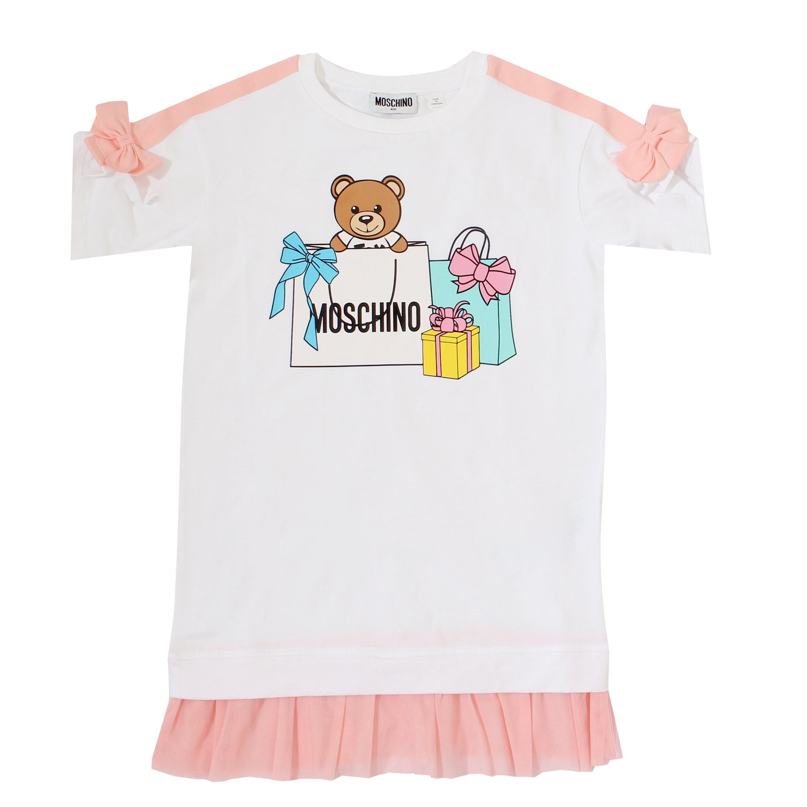Girls Bow Sleeve Dress with Ruffle Bottom and Present Bear Print