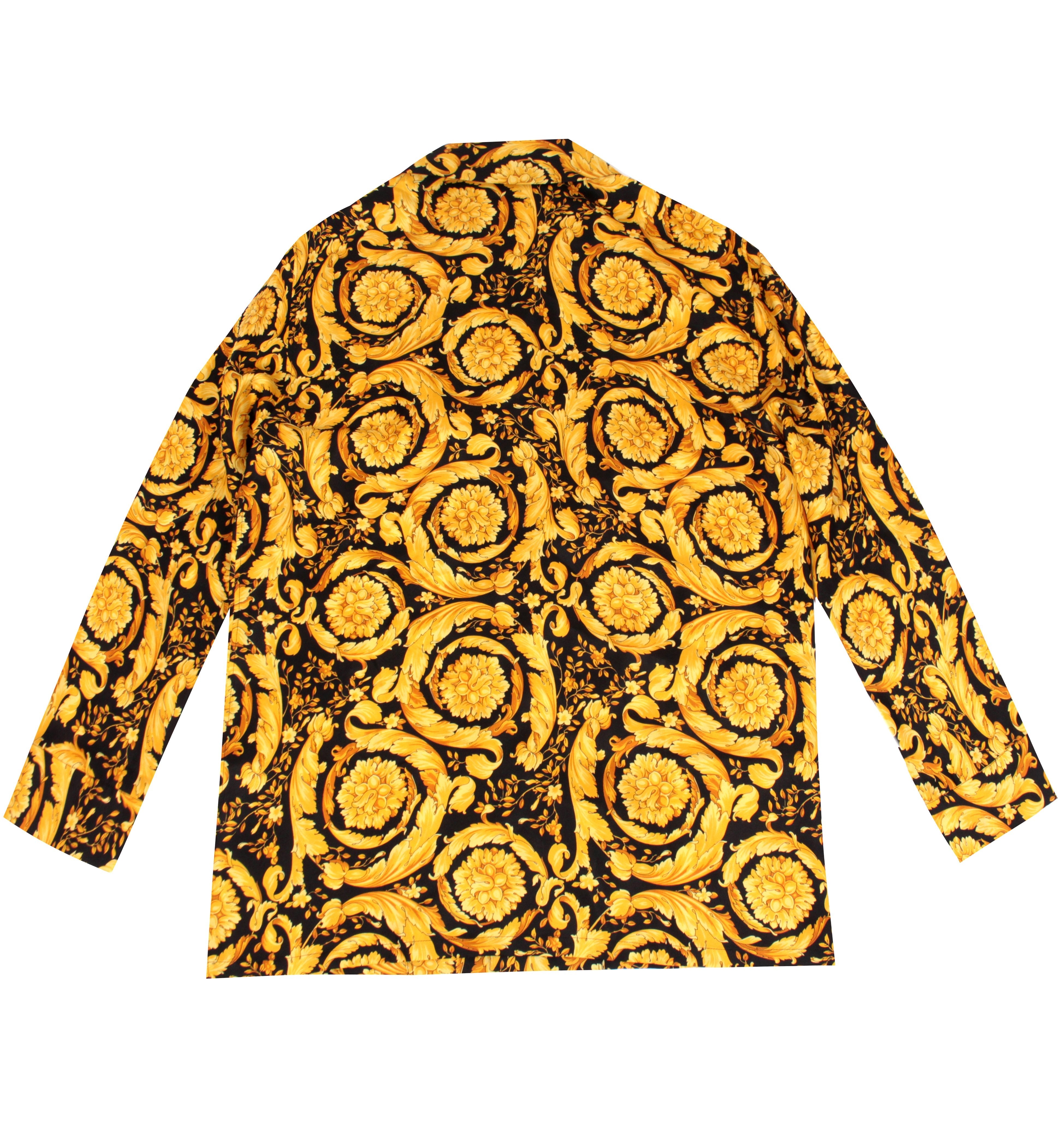 Versace Silk Button Down W/ Baroque Print Black Gold
