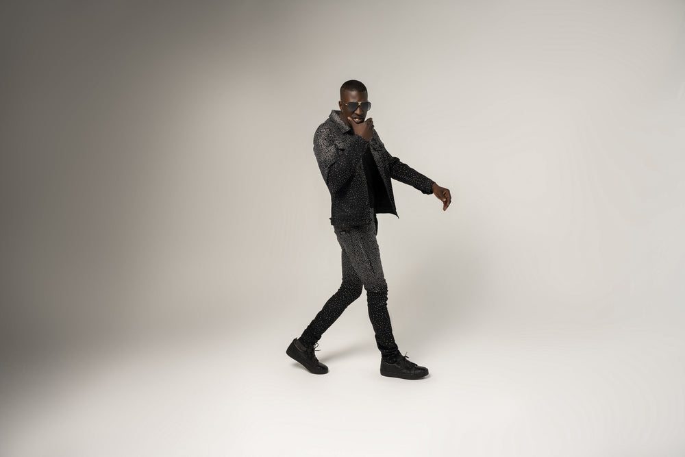 Kash Diamond Collection Black Denim Jacket with Clear Crystals in black – view 10 of 15