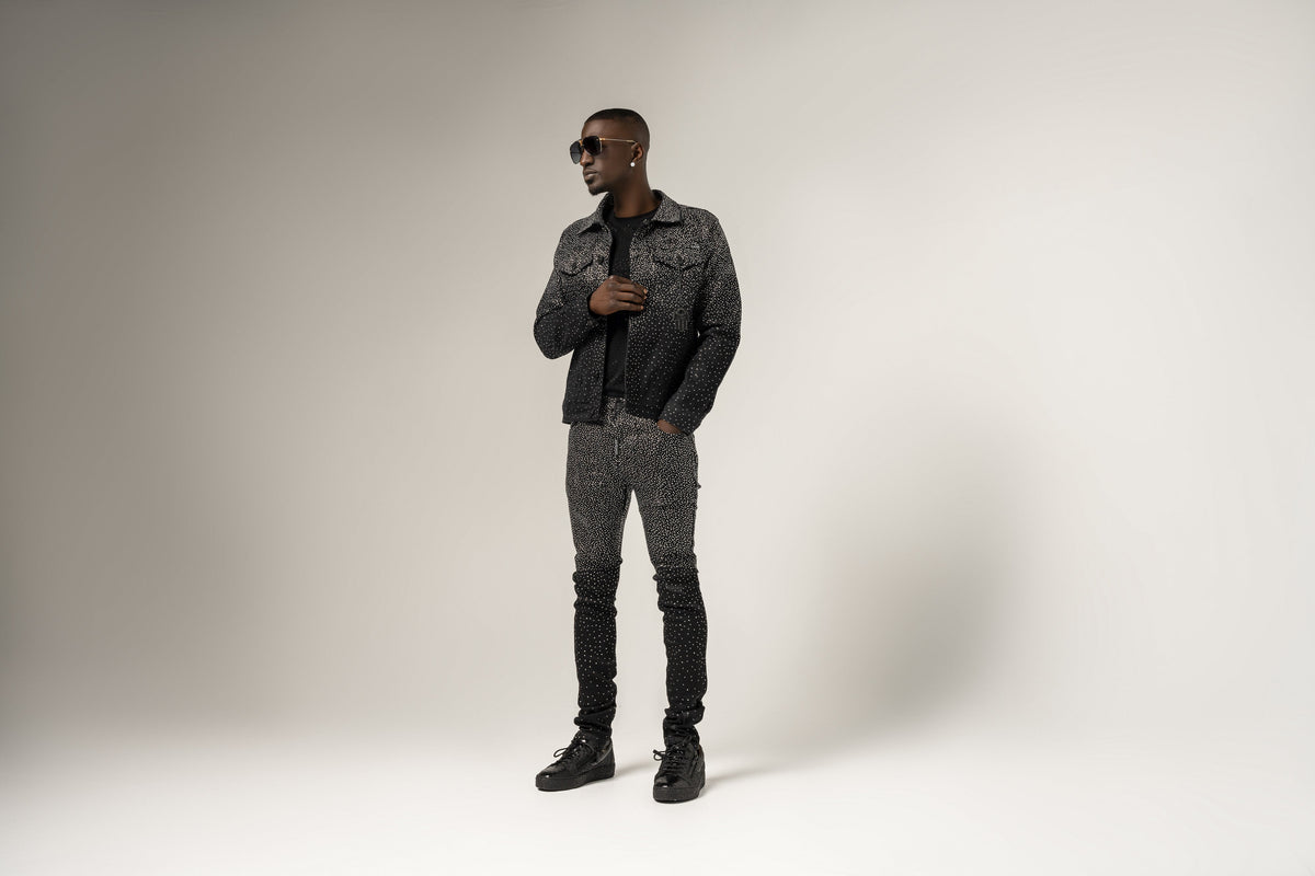 KASH DIAMOND COLLECTION- BLACK DENIM JACKET WITH CLEAR CRYSTALS