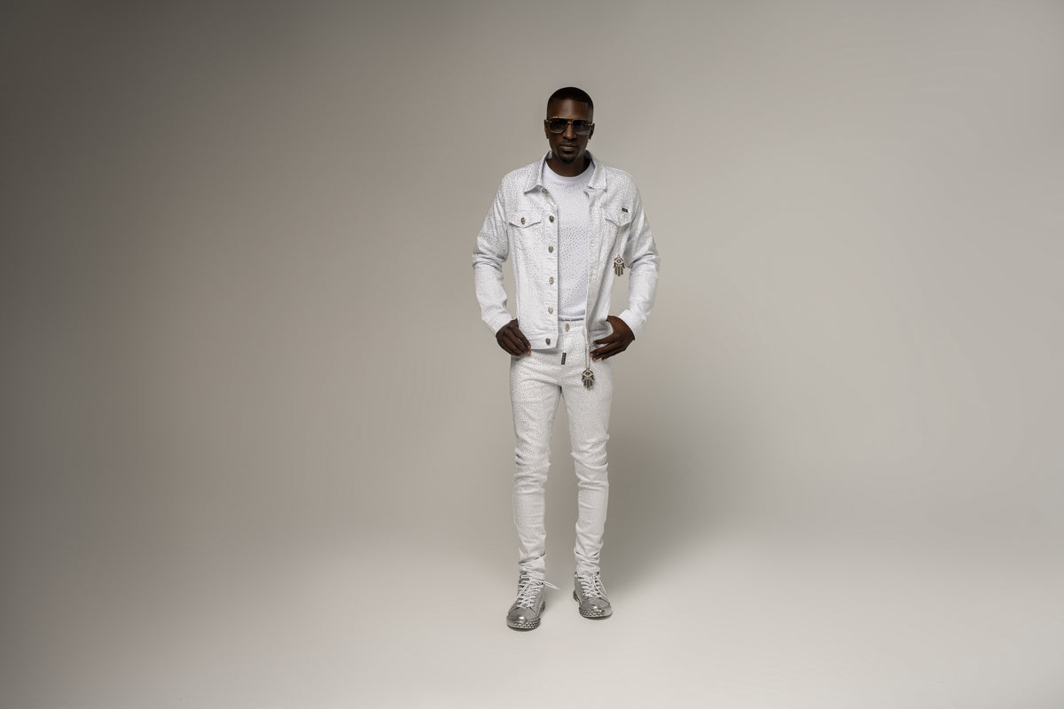 Kash Slim Fit White Denim W/Clear Crystals