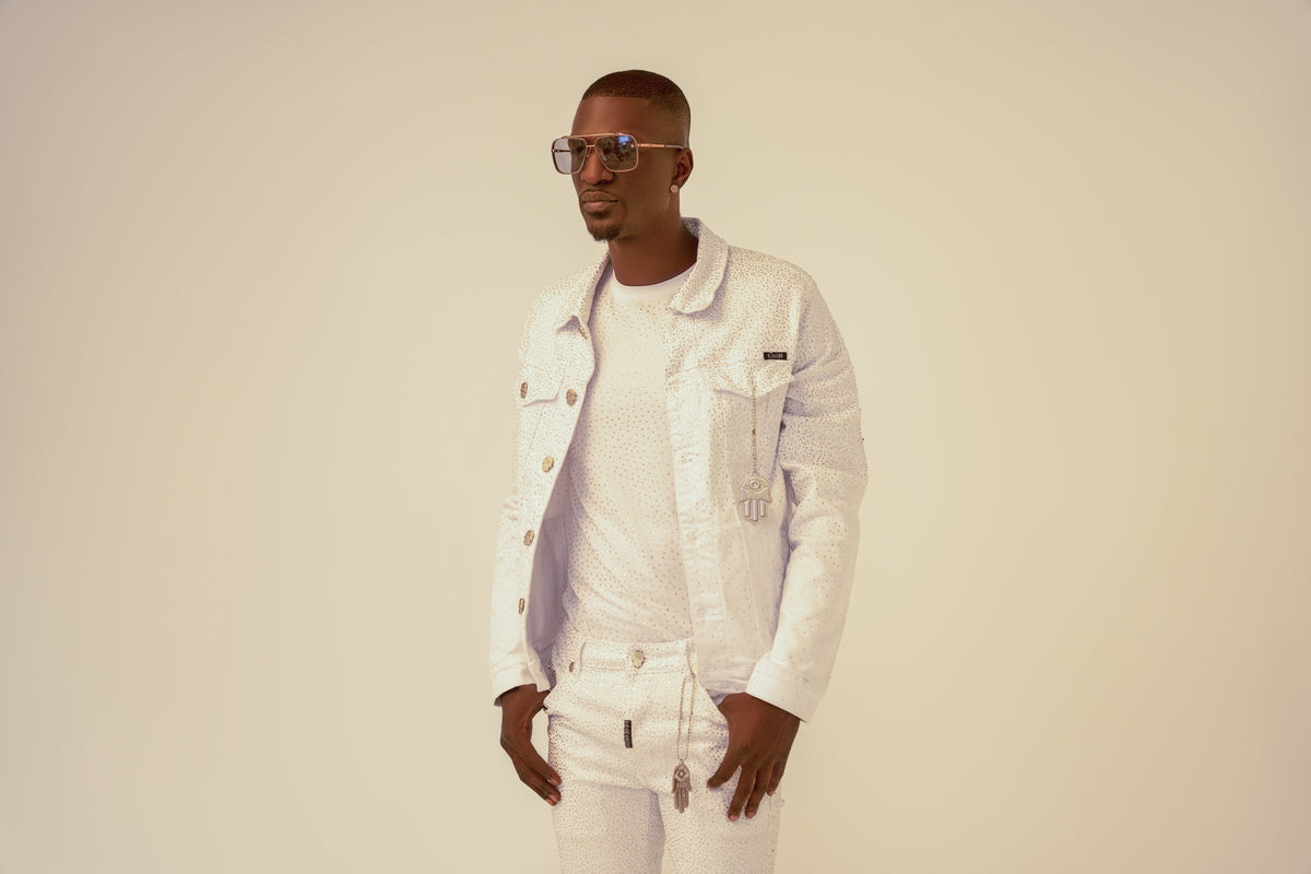 Kash Denim Jacket with Clear Crystals-White