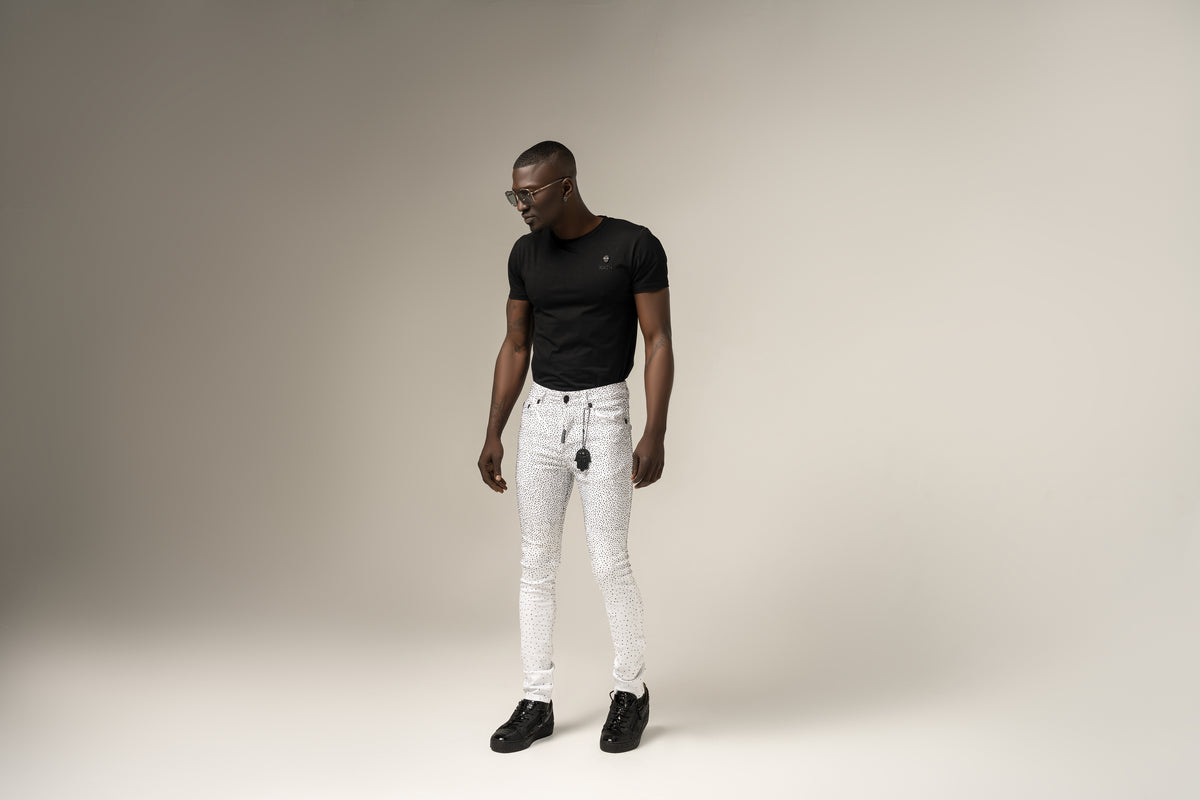 KASH DIAMOND COLLECTION-SLIM FIT WHITE DENIM WITH BLACK CRYSTALS