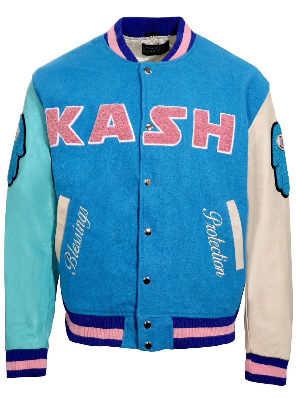 Kash Chenille Print Varsity Jacket in blue with pink – view 1 of 10