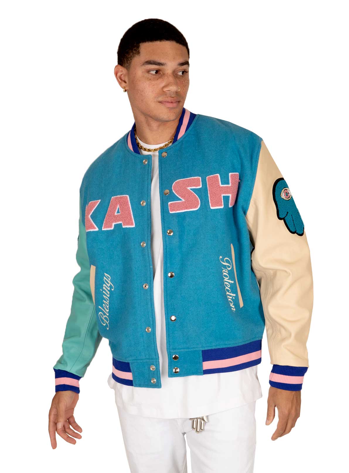 Kash Chenille Print Varsity Jacket in blue with pink – view 7 of 10