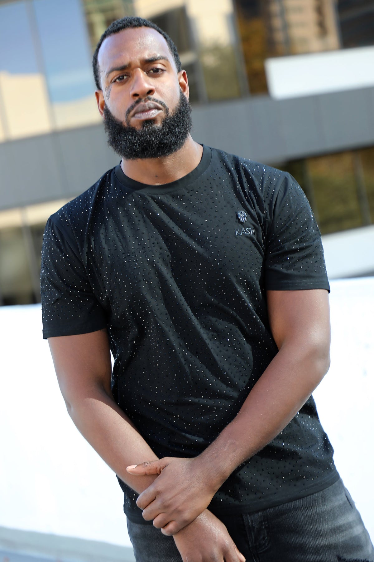 KASH DIAMOND COLLECTION-BLACK TEE SHIRT WITH BLACK CRYSTALS