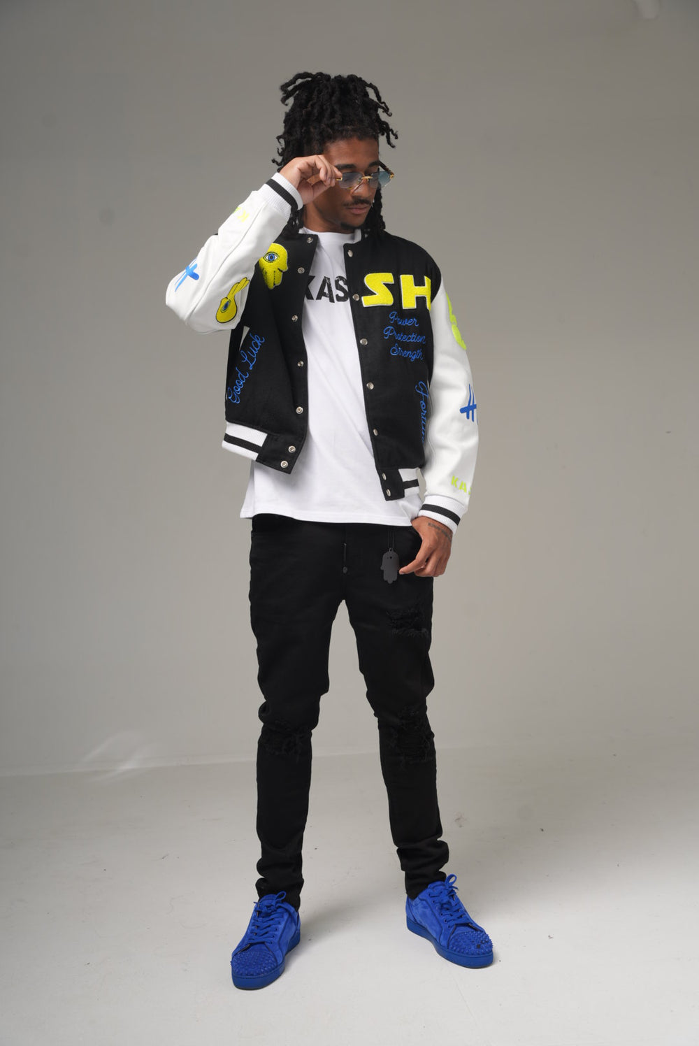 Kash Chenille Varsity Jacket in black with neon green – view 7 of 13