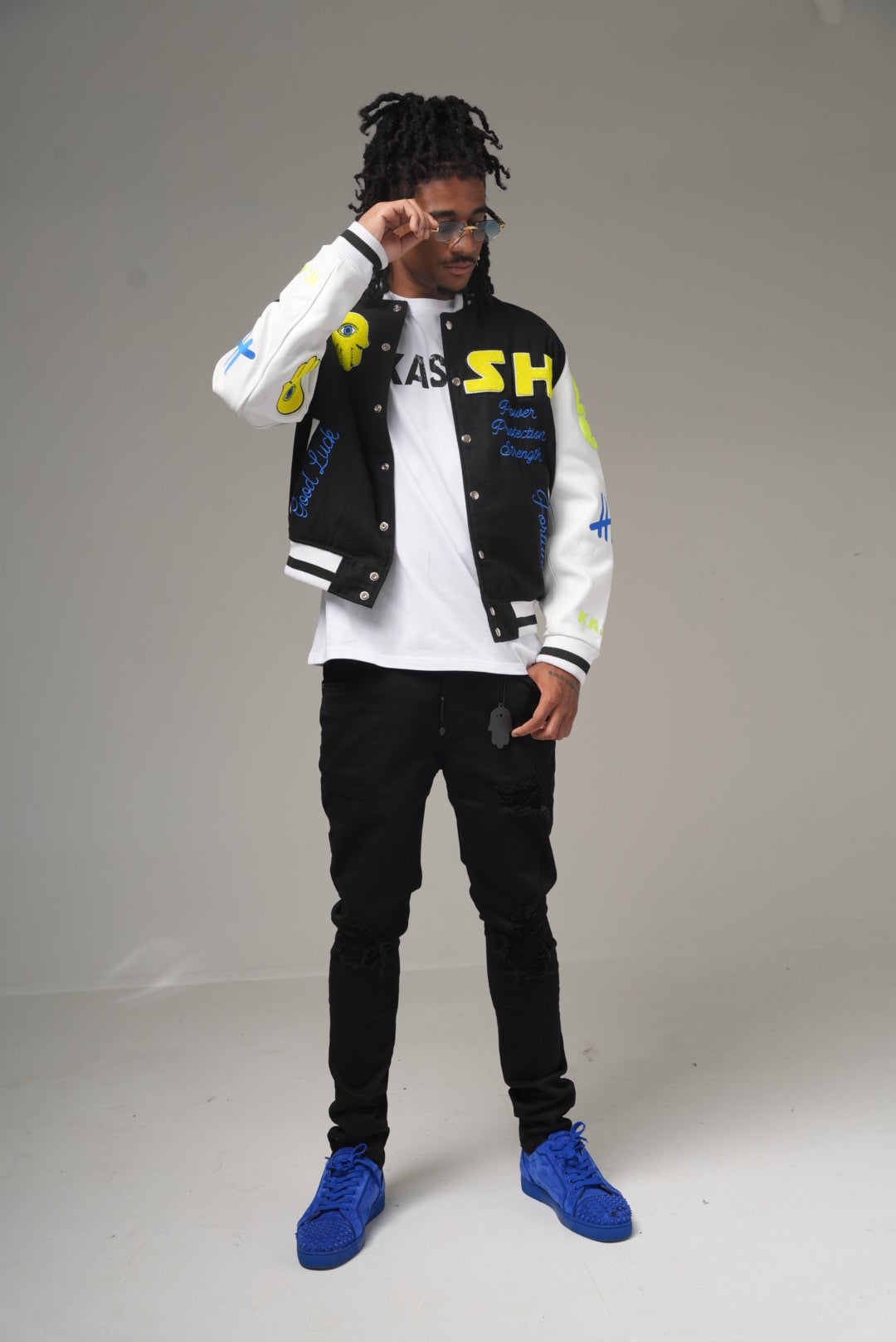 KASH CHENILLE VARSITY JACKET - BLACK W/ NEON GREEN