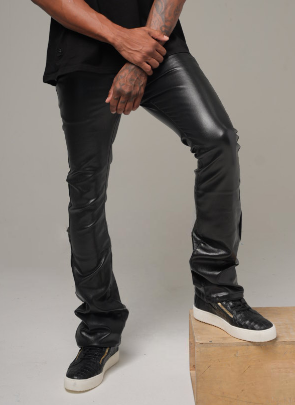 Kash Vegan Leather D-Stacked Pants in black, faux leather stacked pants – view 7 of 10