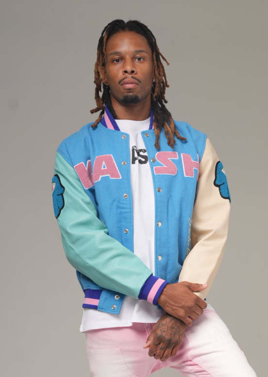 Kash Chenille Print Varsity Jacket in blue with pink – view 5 of 10