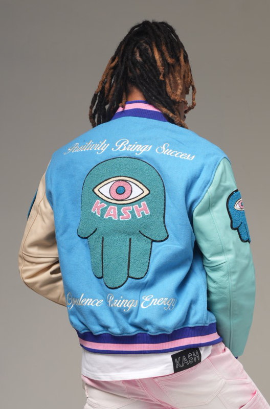 Kash Chenille Print Varsity Jacket in blue with pink – view 6 of 10