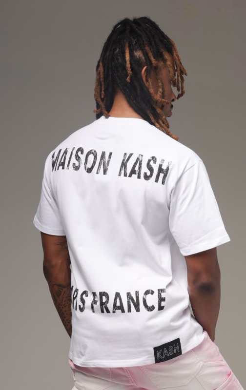 Model showing the back of the white tee: Maison Kash Paris France