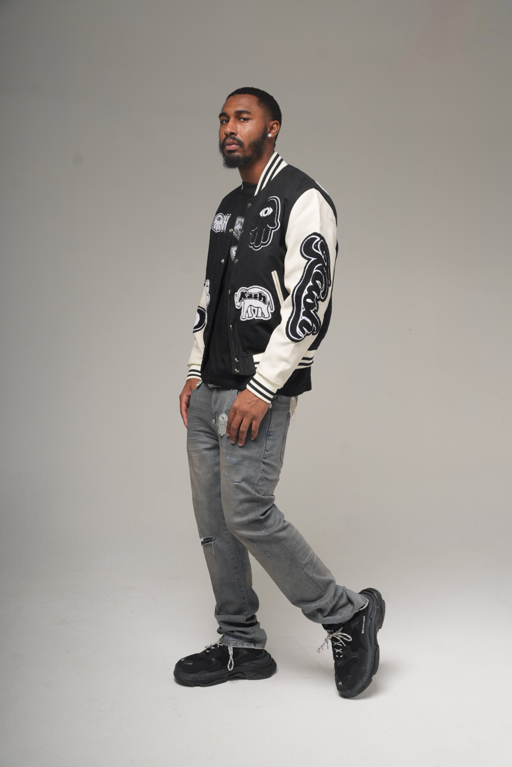 Kash Leather Varsity Jacket with Chenille Details in black/off white – view 7 of 9