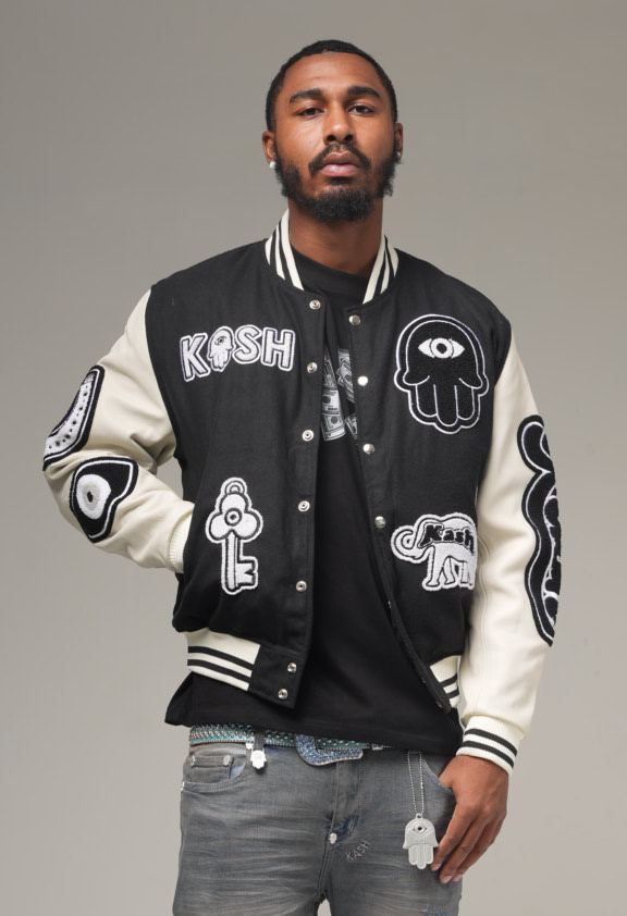 KASH CHENILLE PRINT VARSITY JACKET - BLACK