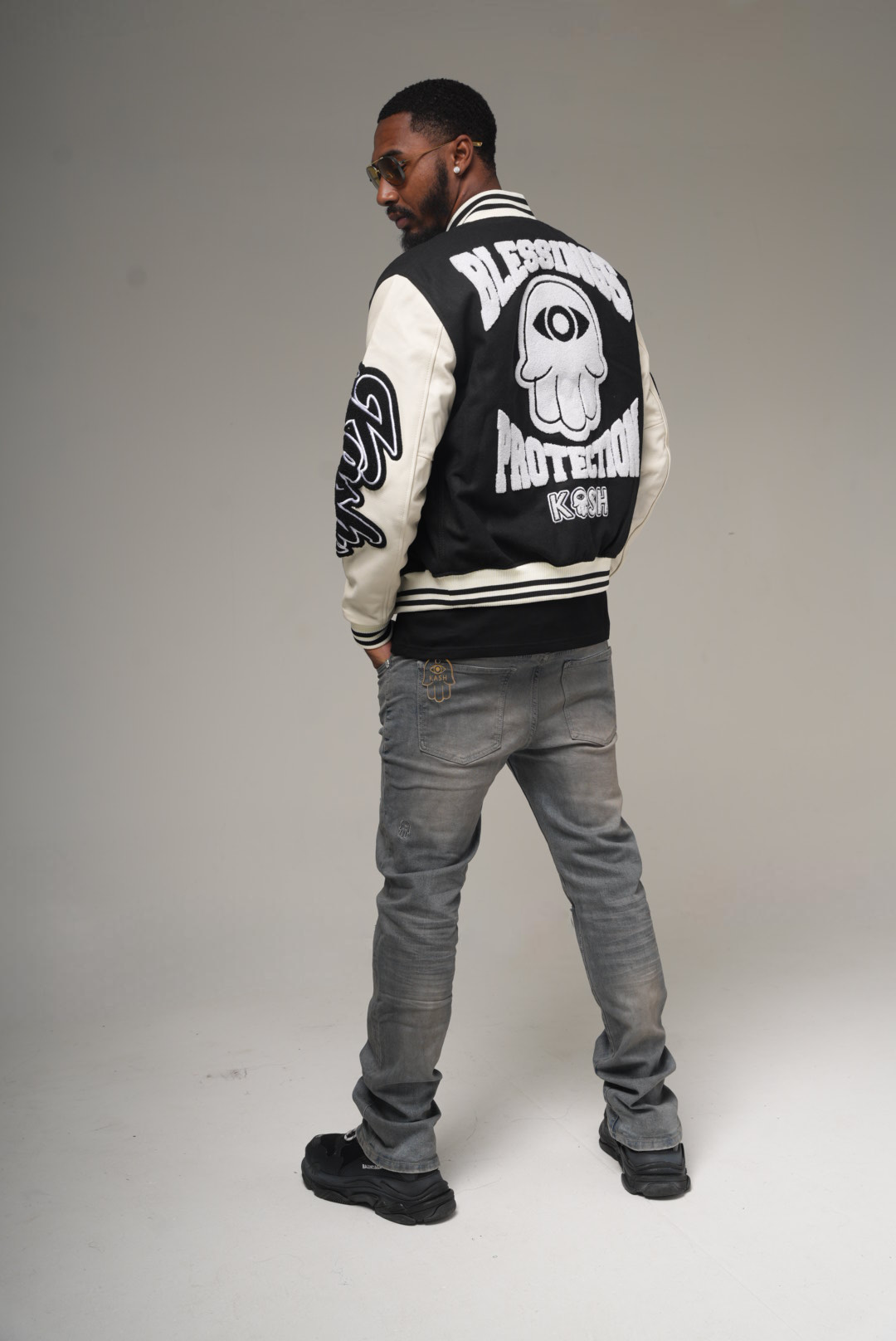KASH CHENILLE PRINT VARSITY JACKET - BLACK