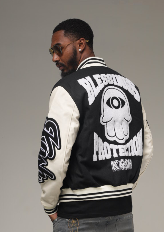 Kash Leather Varsity Jacket with Chenille Details in black/off white – view 6 of 9