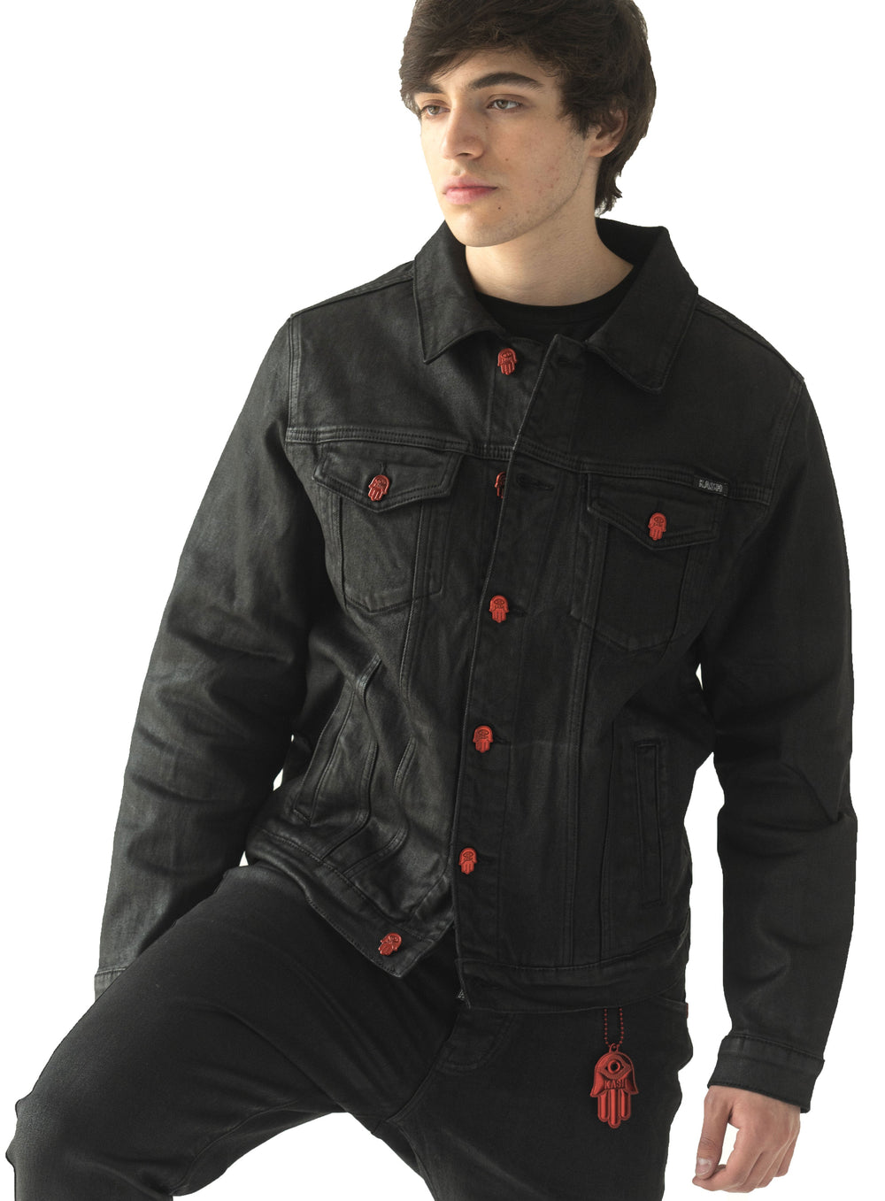 KASH Black Wax Denim Jacket with Red Hamsa Buttons in black – view 2 of 7