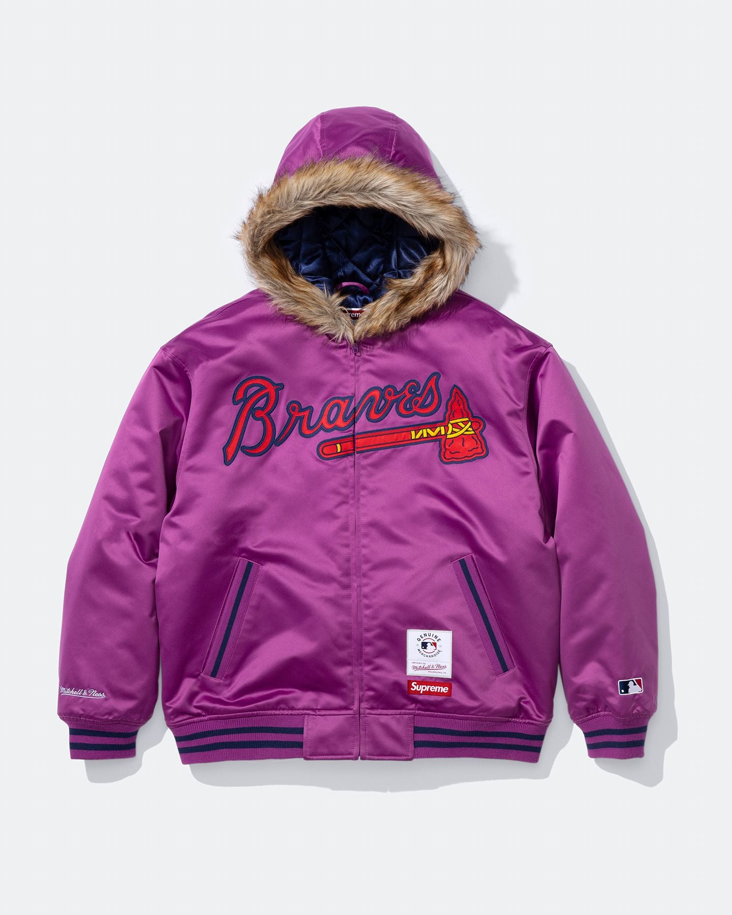 Supreme x Mitchell & Ness Atlanta Braves Fur Hood Satin Varsity Jacket Purple - front