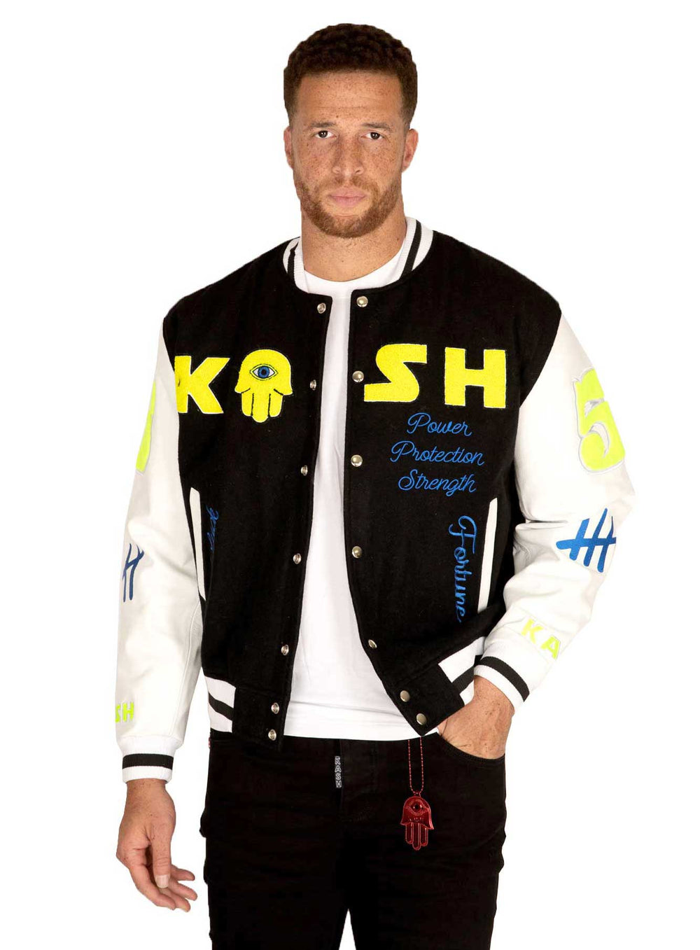 Kash Chenille Varsity Jacket in black with neon green – view 9 of 13