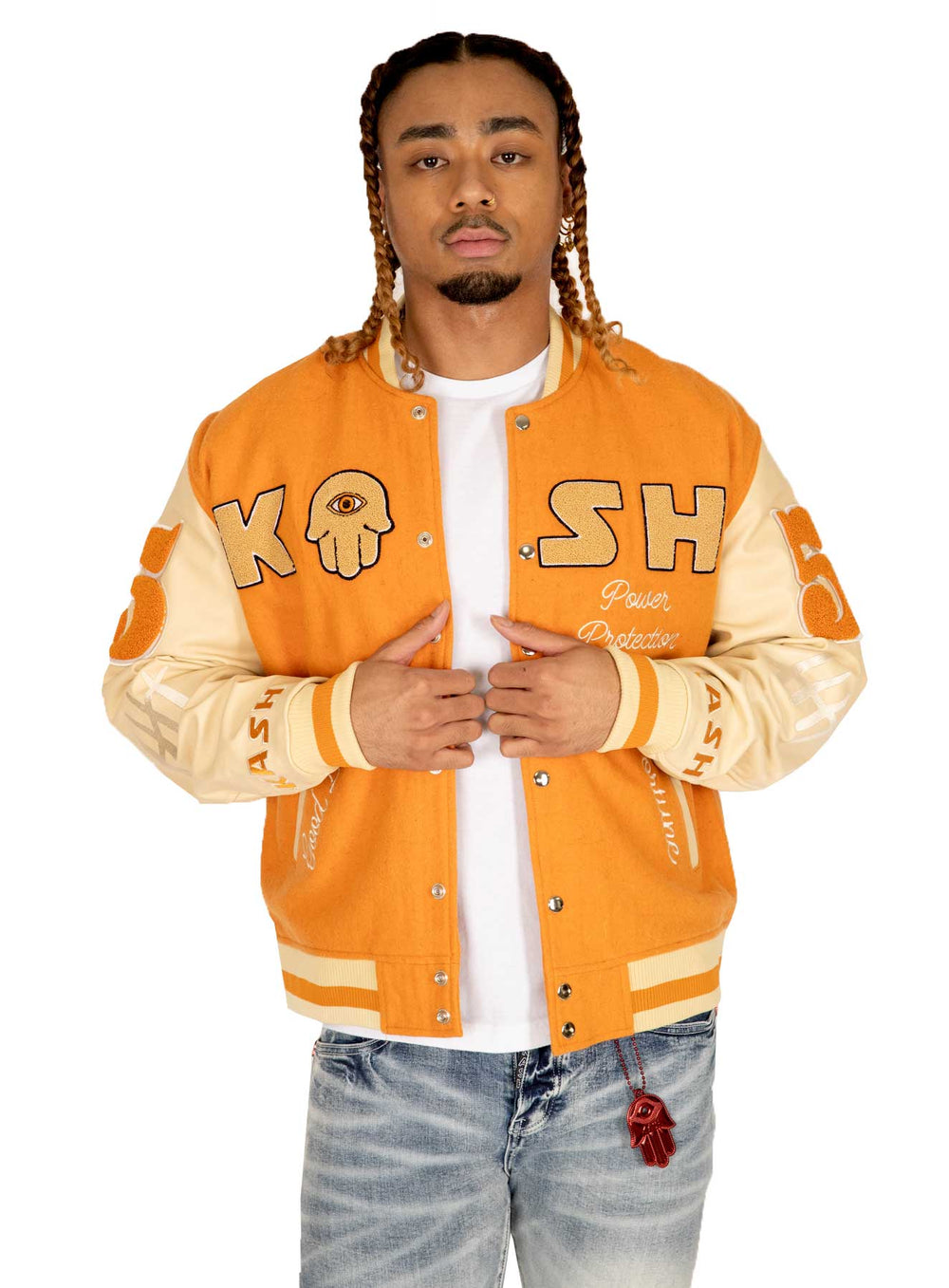 Kash Chenille Print Varsity Jacket in orange with cream – view 4 of 9