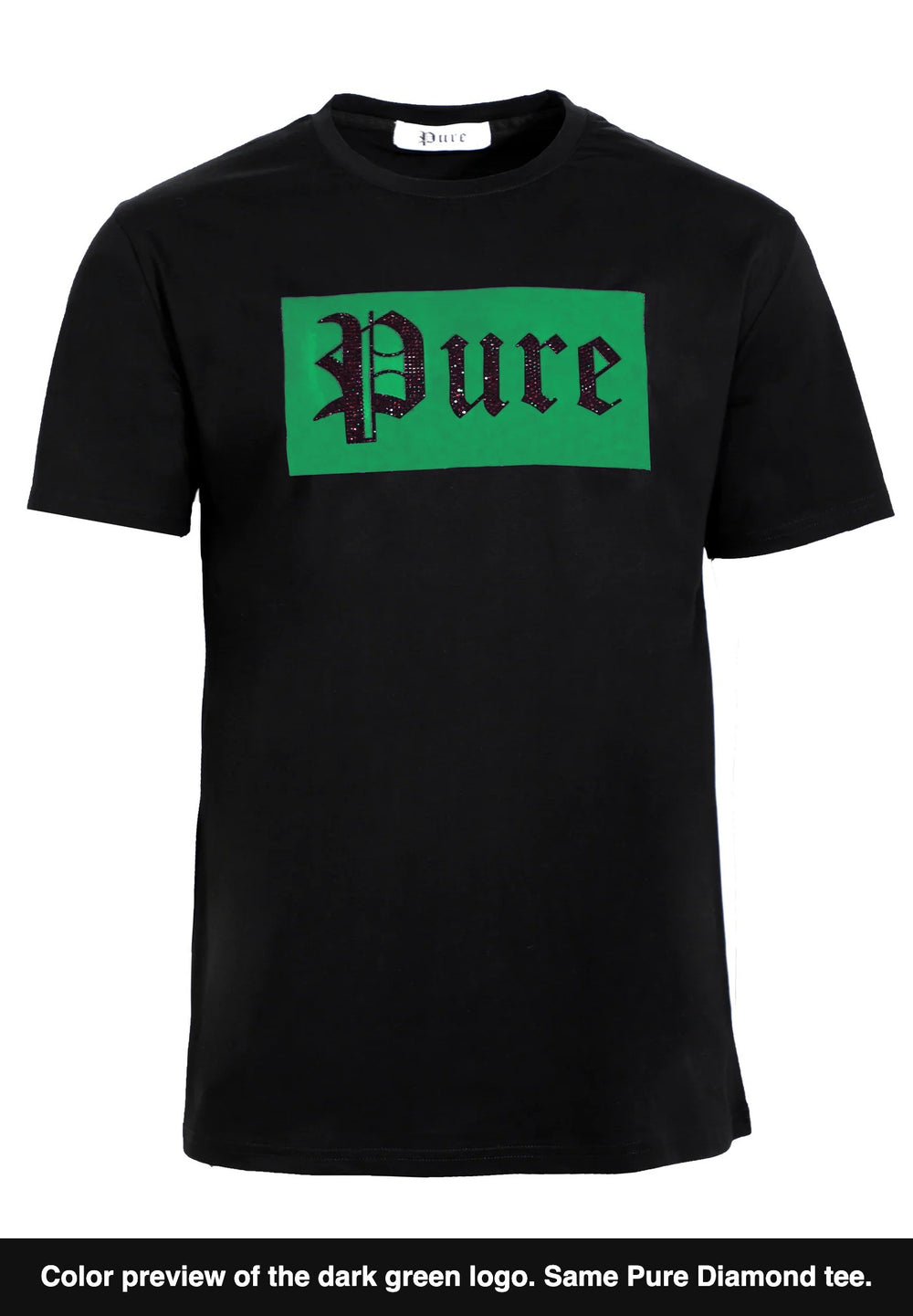 Black Pure tee with dark green diamond logo, color preview