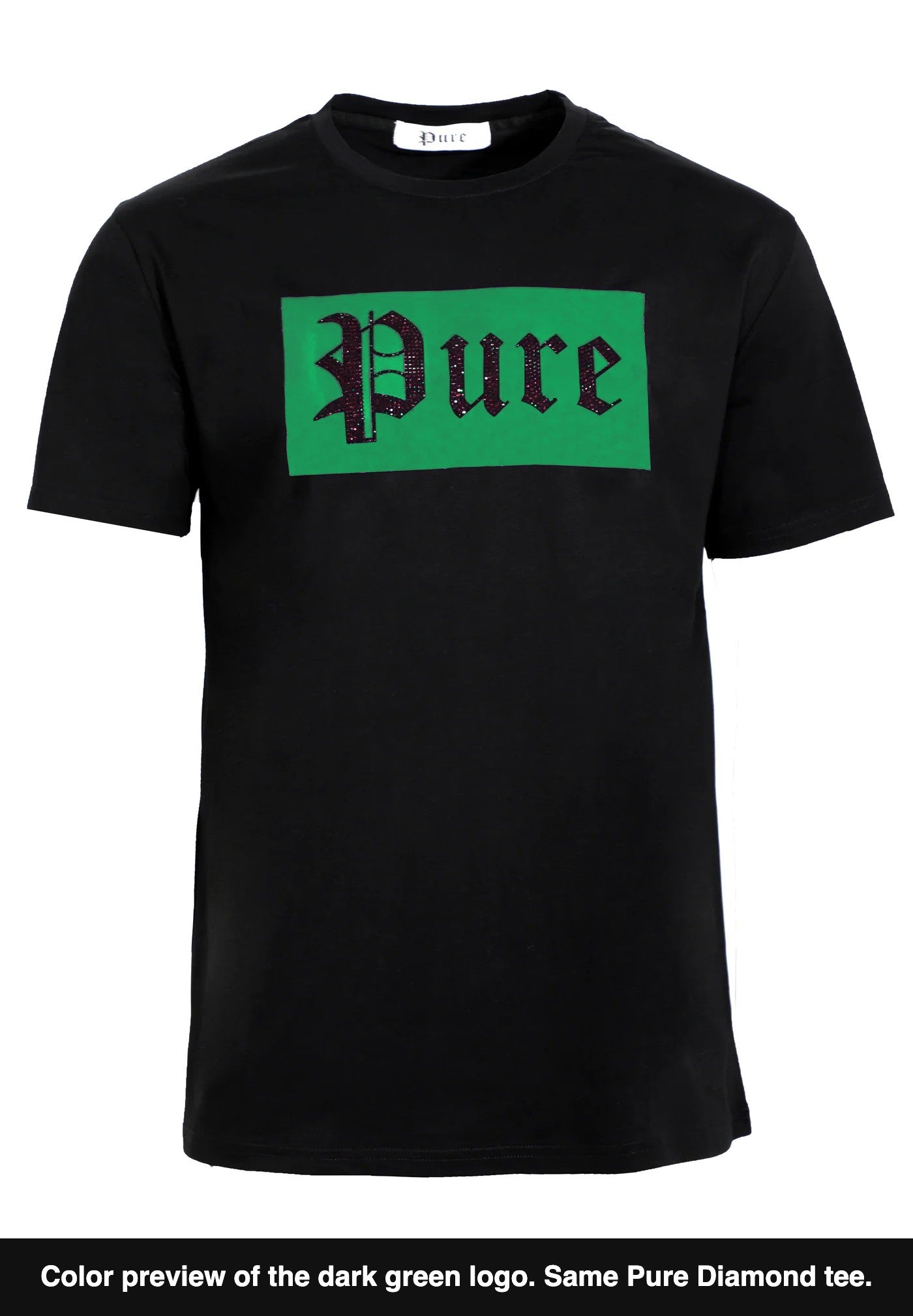 Black Pure tee with dark green diamond logo, color preview