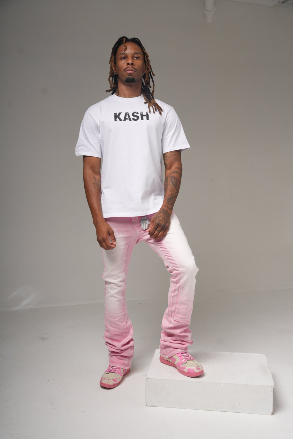 Maison Kash logo tee in white on model, front full length