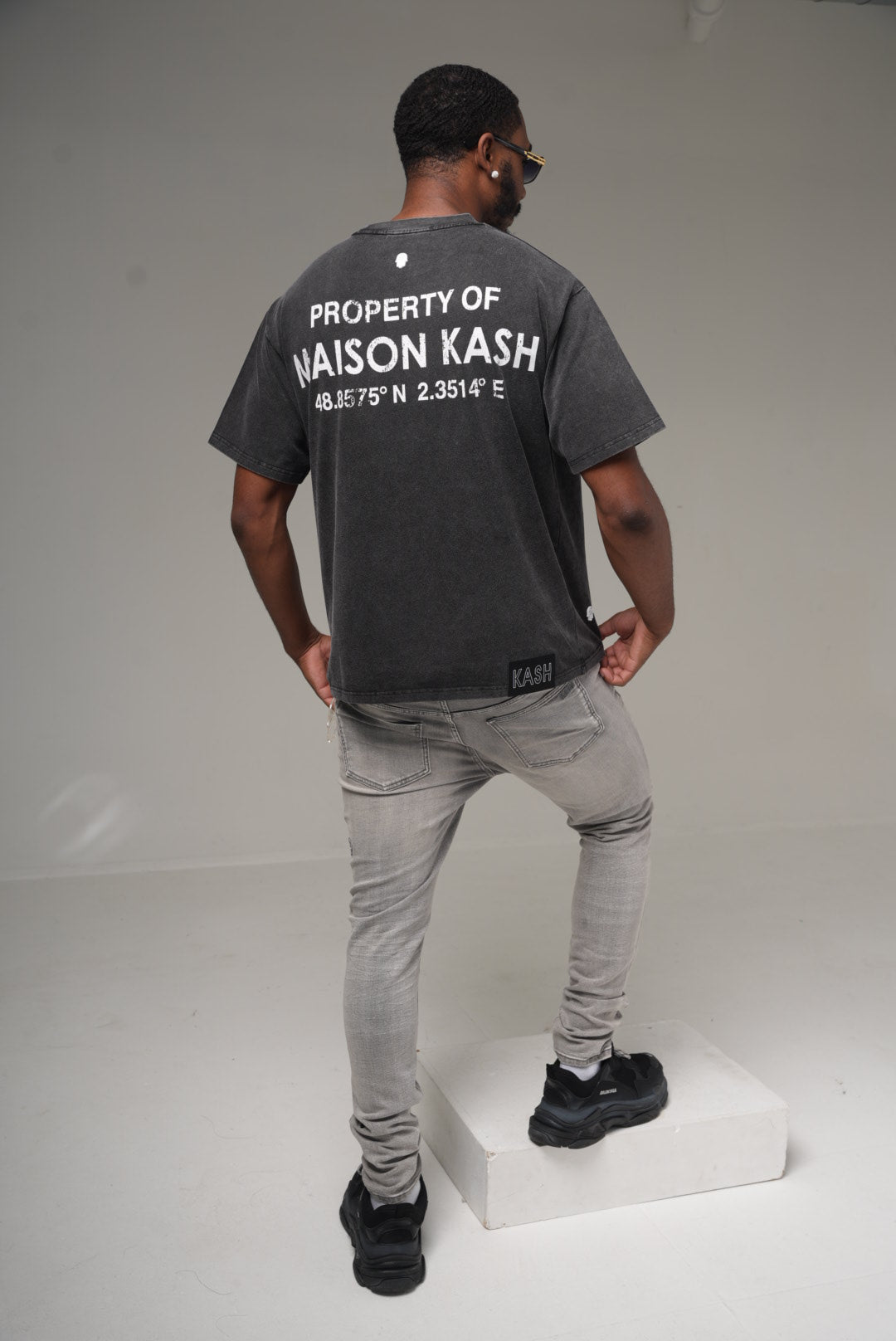 Property of Maison Kash grey wash tee on model, back view