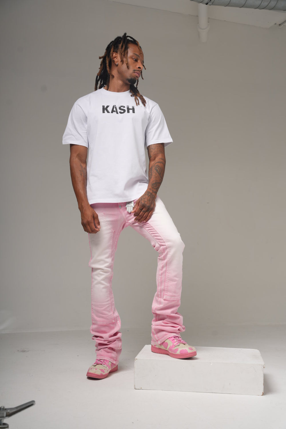 Maison Kash logo tee in white on model, front