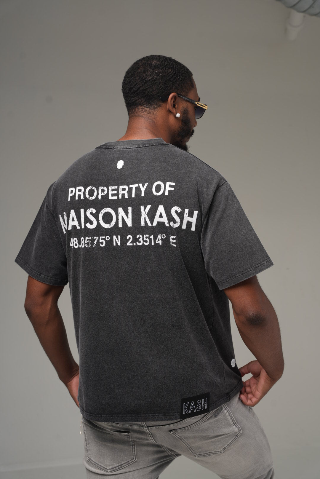 Property of Maison Kash grey wash tee, back graphic close-up