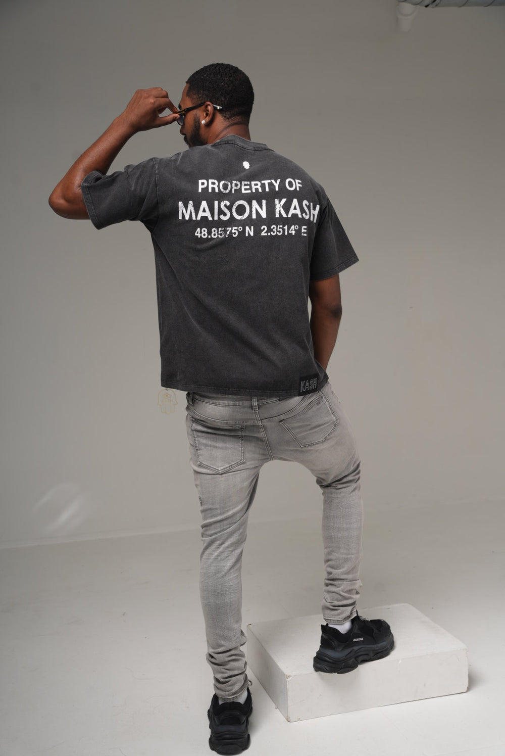 Property of Maison Kash grey wash tee on model, side back view