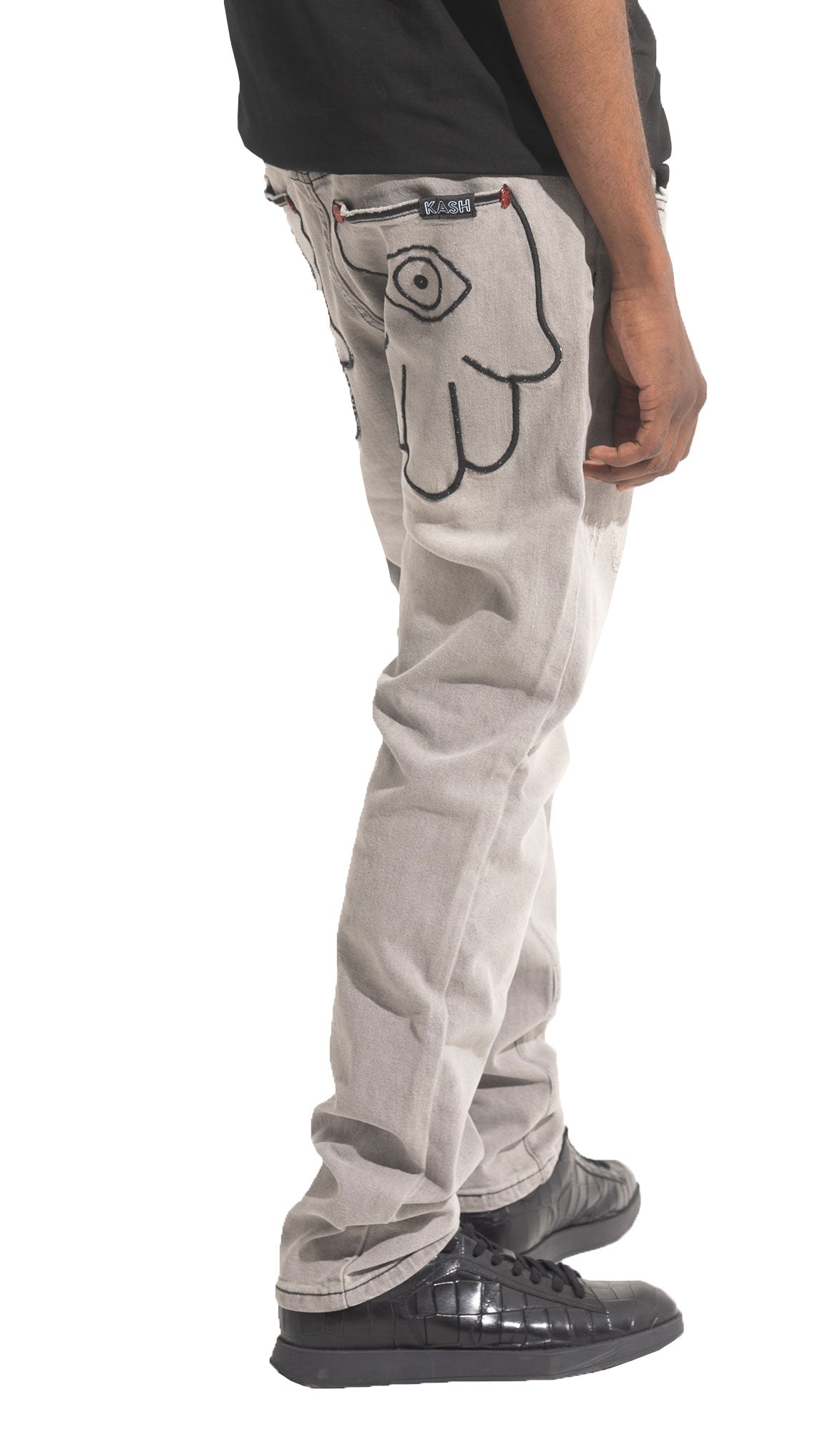 Kash gray denim jeans with Hamsa pocket – view 7 of 8