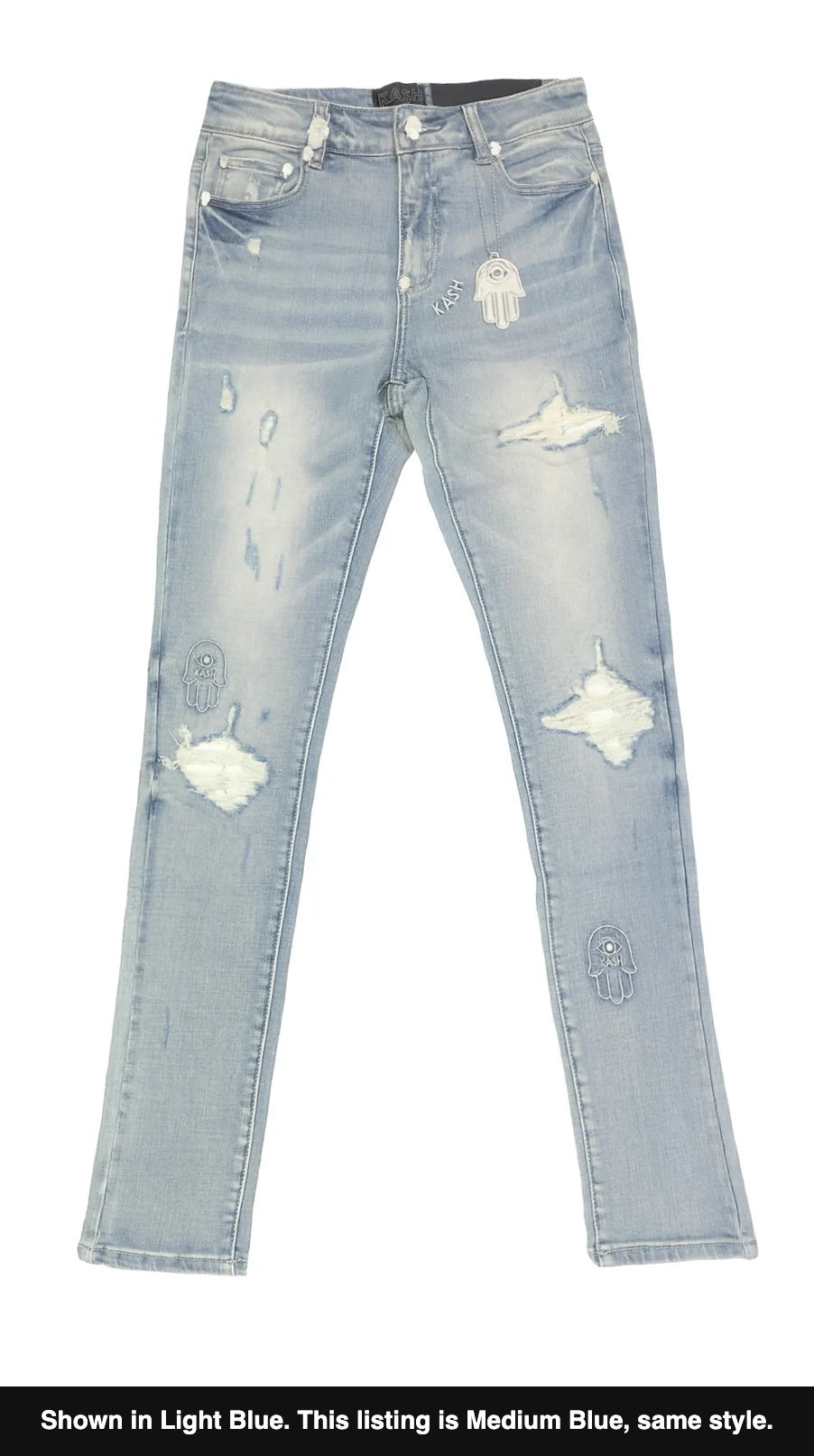 Kash Hamsa Patch Ripped Skinny Jeans style, shown in light blue