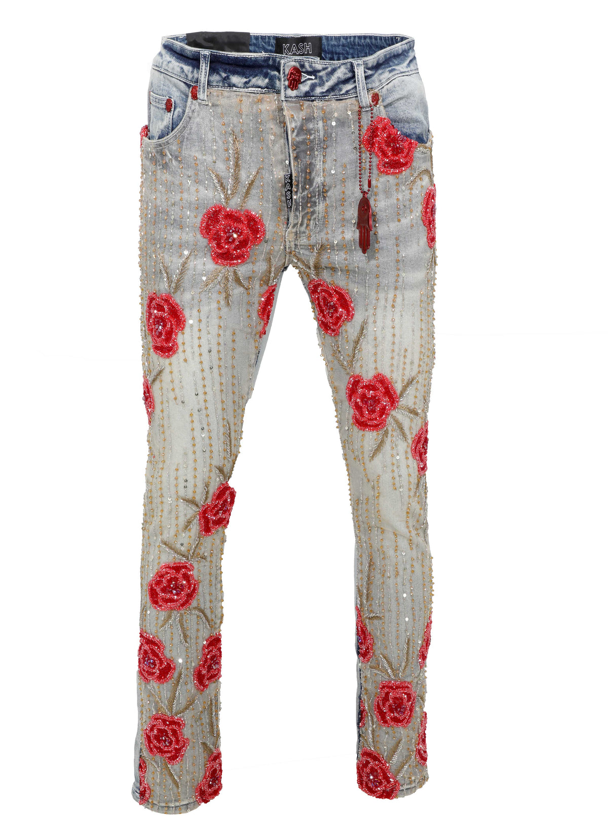 KASH CRYSTAL LIGHT WASH DENIM W/HAMSA POCKET- BLUE/RED