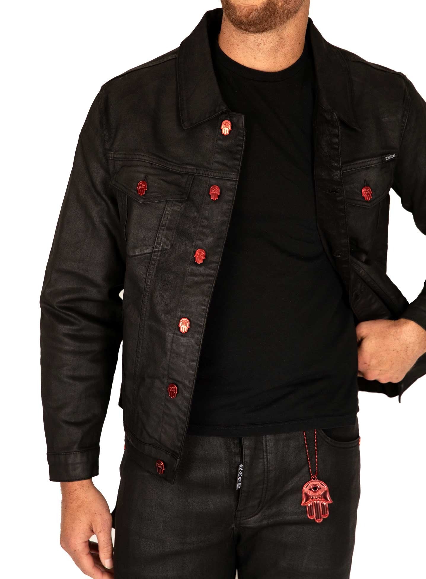 KASH Black Wax Denim Jacket with Red Hamsa Buttons in black – view 7 of 7
