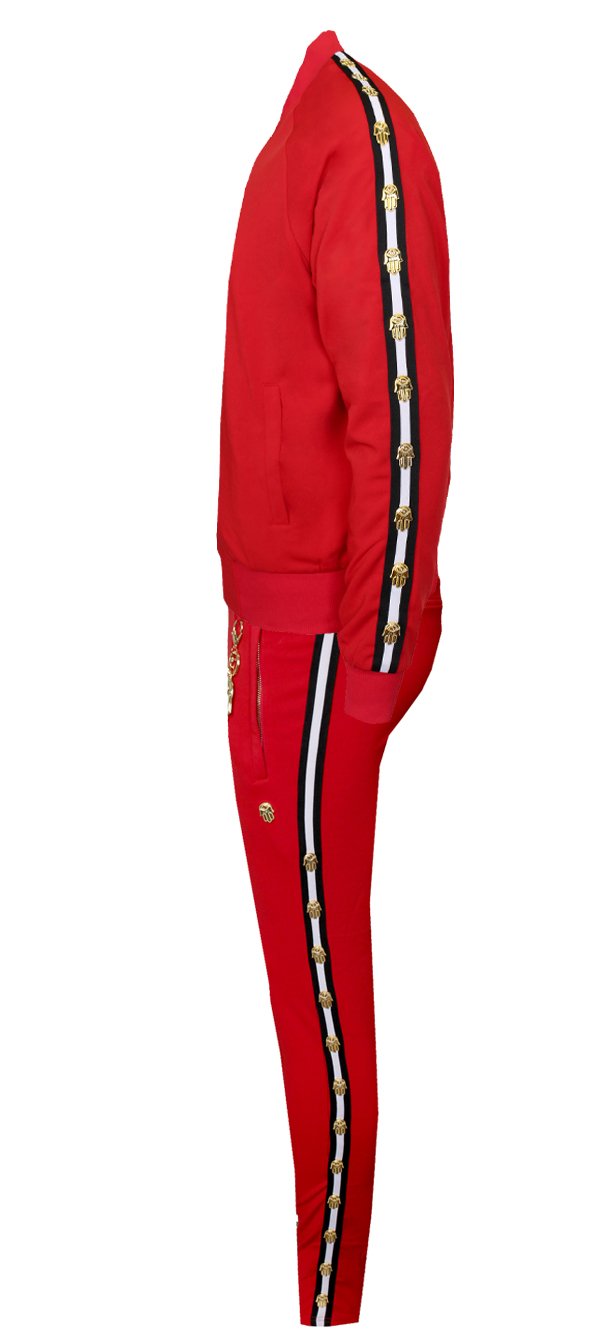 Men's Icon Track Pants with HAMSA Hand and Side Stripes-Red