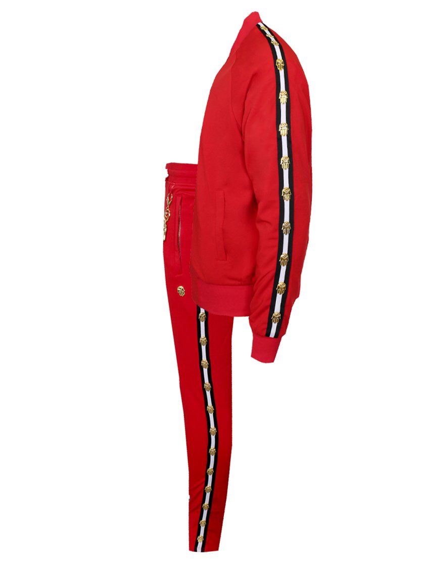 Men's Icon Track Pants with HAMSA Hand and Side Stripes-Red