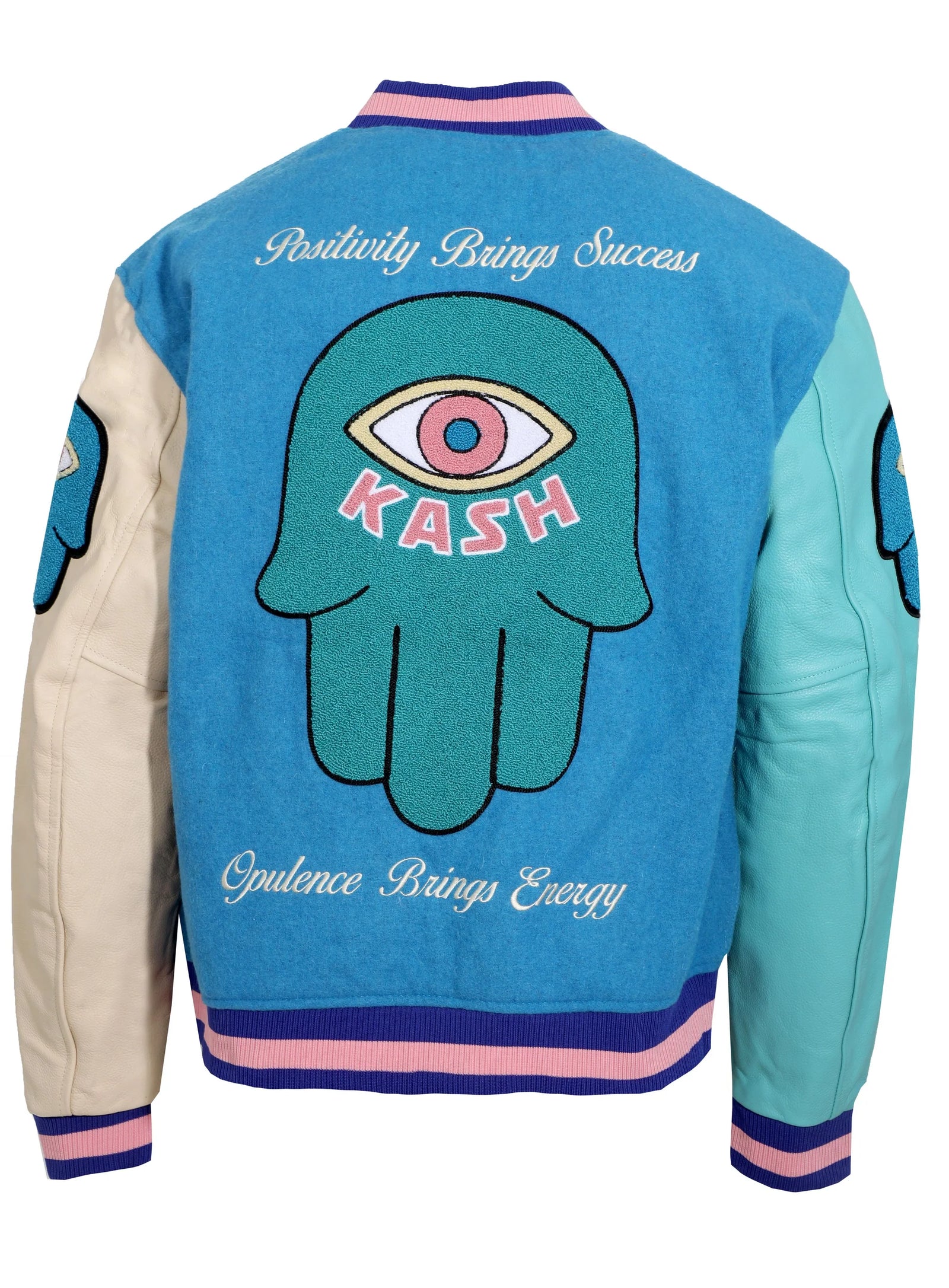 Kash Chenille Print Varsity Jacket in blue with pink – view 2 of 10