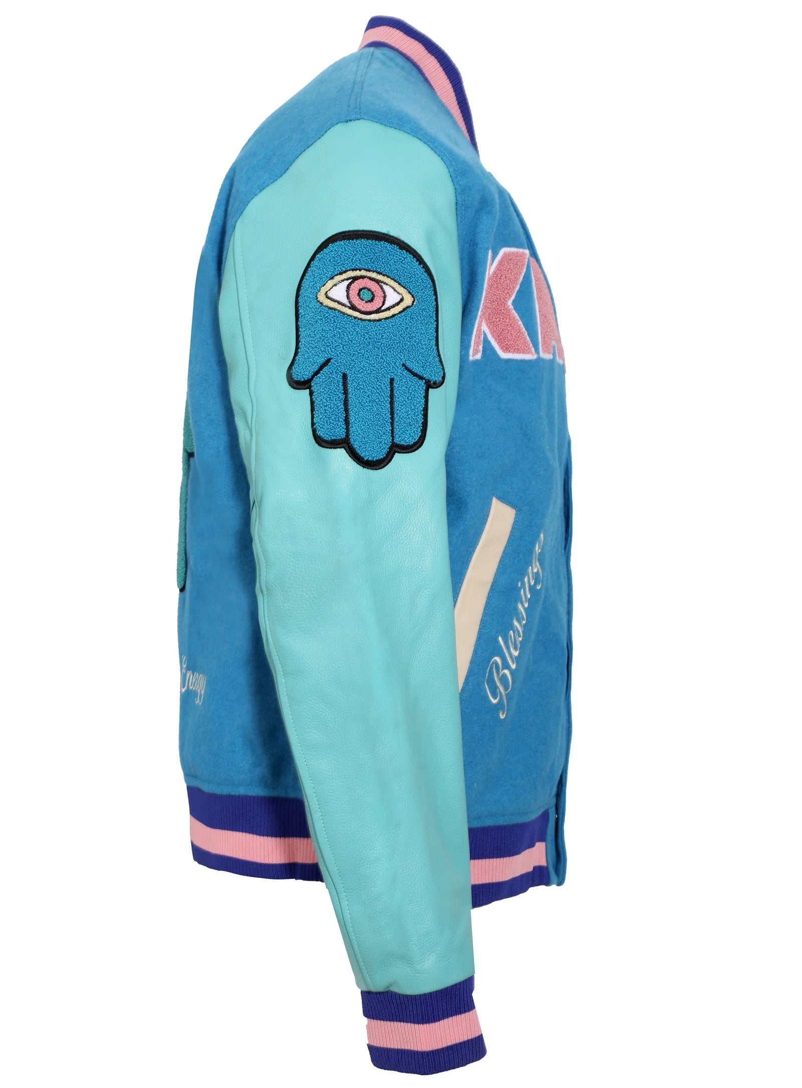 Kash Chenille Print Varsity Jacket in blue with pink – view 3 of 10
