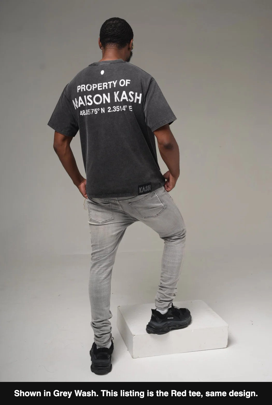 Property of Maison Kash Tee design on model, shown in grey wash