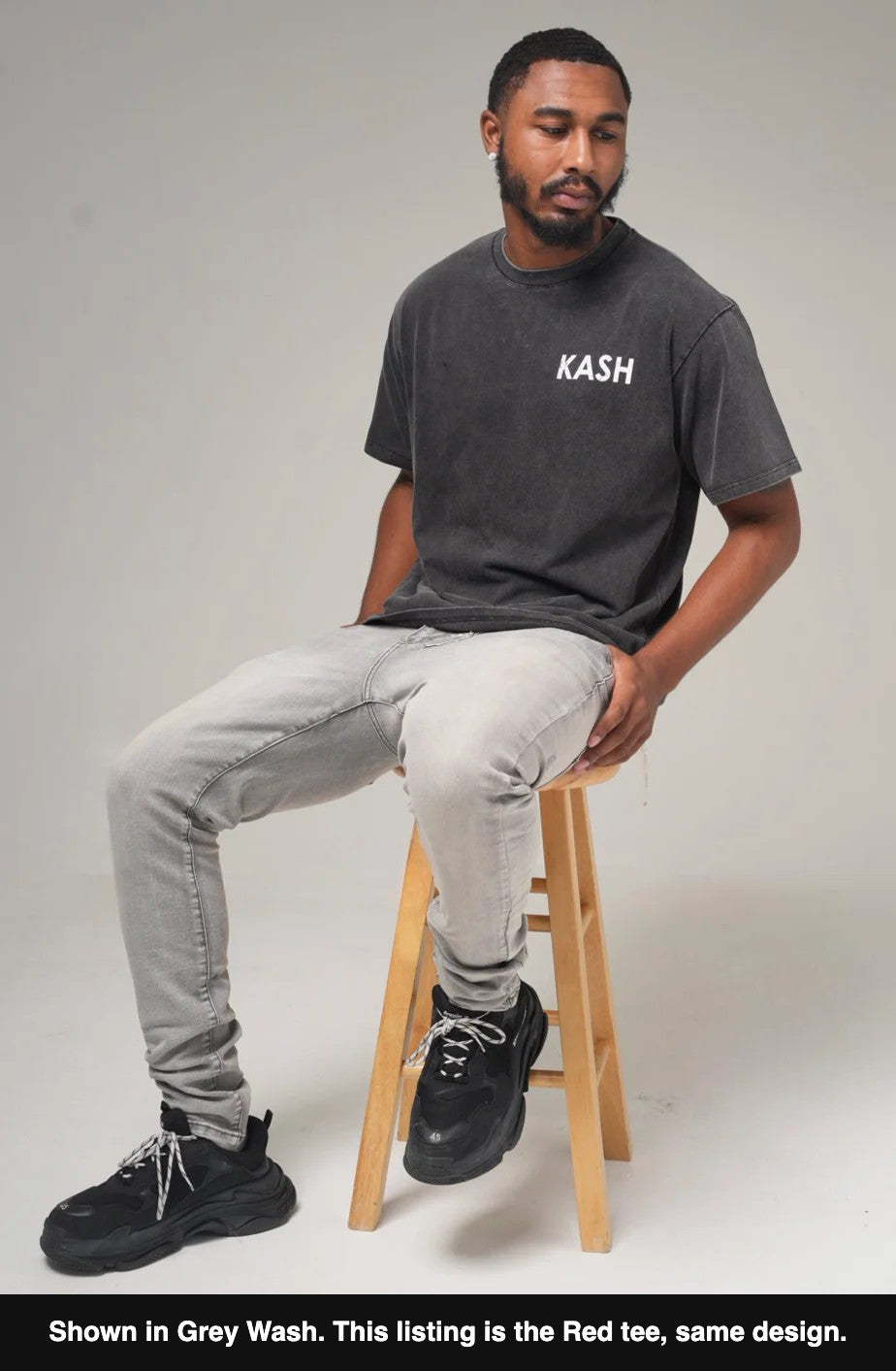 Property of Maison Kash Tee design on model, front, shown in grey wash