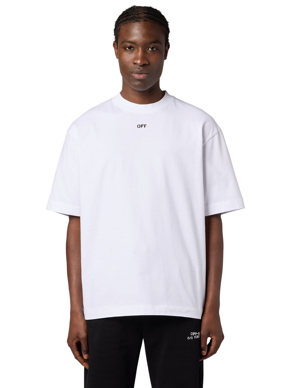 Off-White Rubbed Paint Arrows S/S Skate Tee in white, front on model